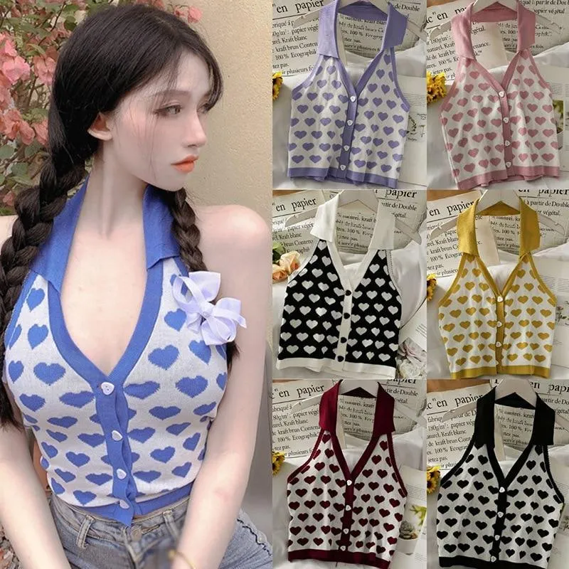 Knitted Sleeveless Heart Print Tank Top Halter Neck Women Backless Cardigan Sexy Small Vest Kawaii Harajuku Cute Sweet