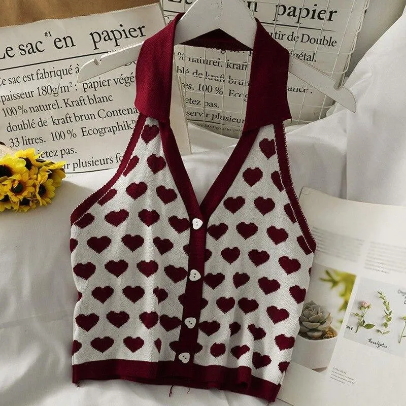 Knitted Sleeveless Heart Print Tank Top Halter Neck Women Backless Cardigan Sexy Small Vest Kawaii Harajuku Cute Sweet