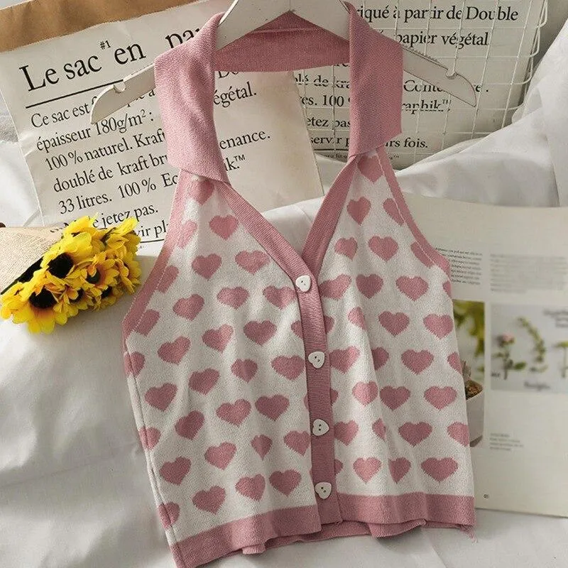 Knitted Sleeveless Heart Print Tank Top Halter Neck Women Backless Cardigan Sexy Small Vest Kawaii Harajuku Cute Sweet