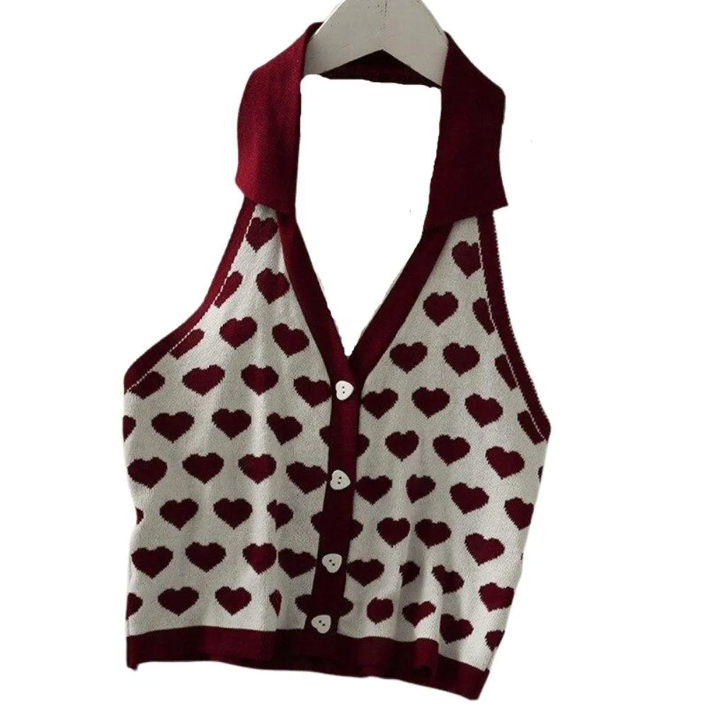 Knitted Sleeveless Heart Print Tank Top Halter Neck Women Backless Cardigan Sexy Small Vest Kawaii Harajuku Cute Sweet