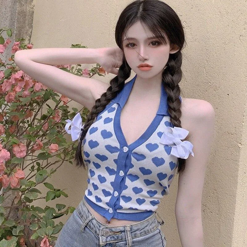 Knitted Sleeveless Heart Print Tank Top Halter Neck Women Backless Cardigan Sexy Small Vest Kawaii Harajuku Cute Sweet