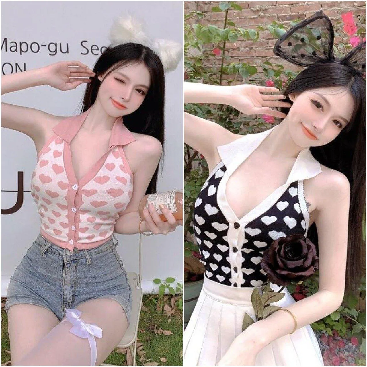 Knitted Sleeveless Heart Print Tank Top Halter Neck Women Backless Cardigan Sexy Small Vest Kawaii Harajuku Cute Sweet