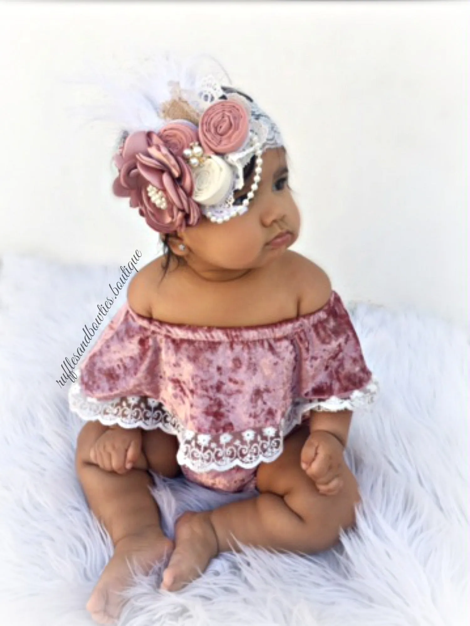 Kryssi Kouture Exclusive "Isn't She Lovely" ® Baby Girls Dusty Rose Velvet and Lace Off the Shoulder Bodysuit Romper