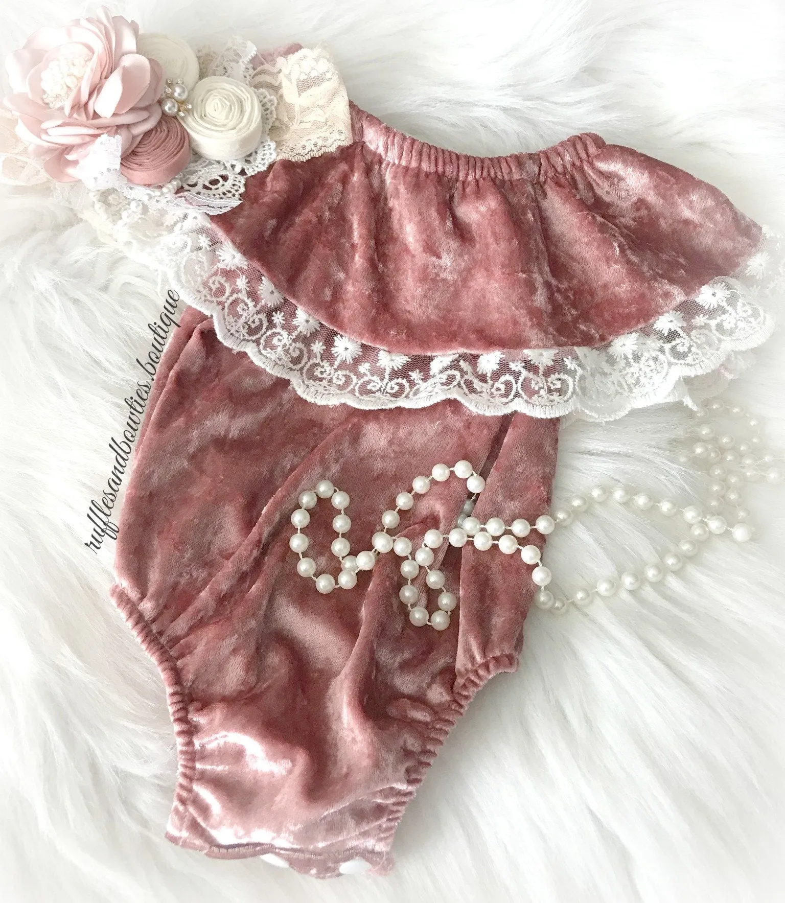 Kryssi Kouture Exclusive "Isn't She Lovely" ® Baby Girls Dusty Rose Velvet and Lace Off the Shoulder Bodysuit Romper