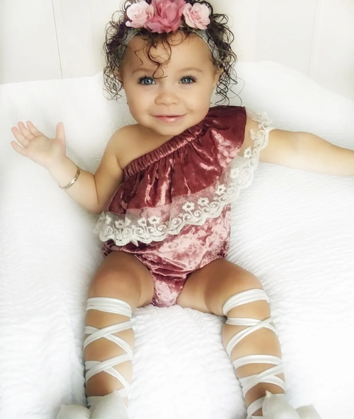 Kryssi Kouture Exclusive "Isn't She Lovely" ® Baby Girls Dusty Rose Velvet and Lace Off the Shoulder Bodysuit Romper