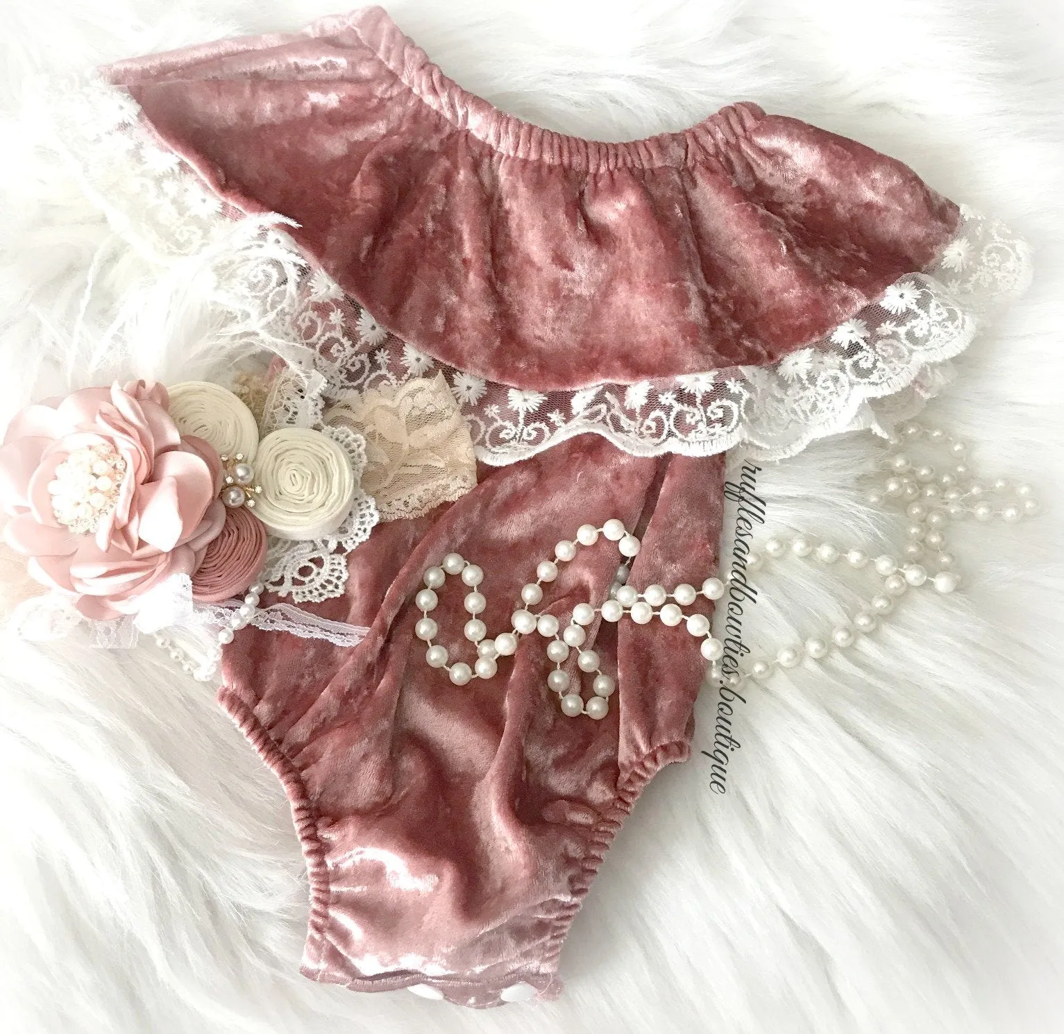 Kryssi Kouture Exclusive "Isn't She Lovely" ® Baby Girls Dusty Rose Velvet and Lace Off the Shoulder Bodysuit Romper