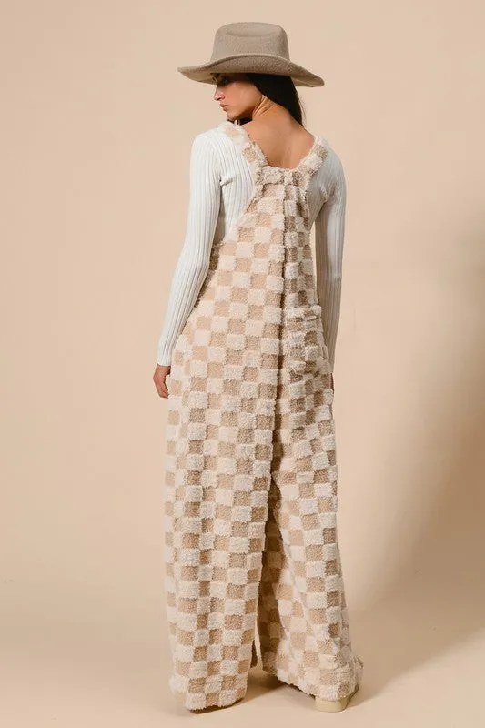 Latte Cozy Checker Sherpa Wide Leg Overalls