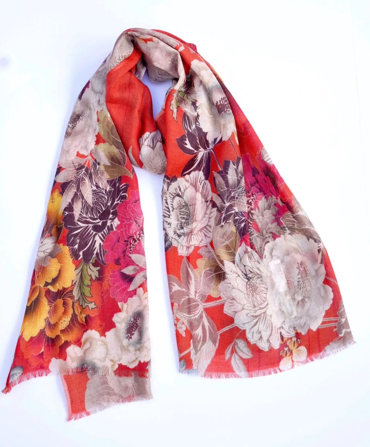 Lhasa Floral Wool & Silk Scarf/Wrap Red Orange