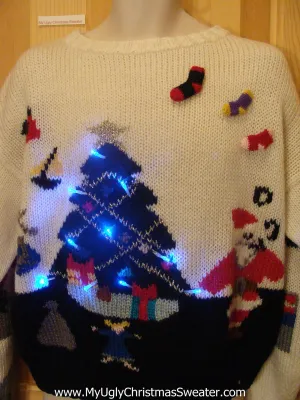 Light Up Ugly Xmas Sweater 80s Pullover Santa Tree 3D Stockings