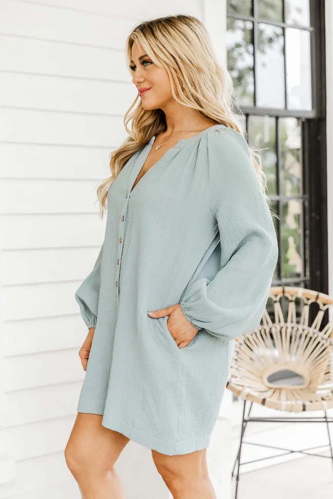 Love Your Destiny Dusty Blue Long Sleeve Button Up Romper FINAL SALE