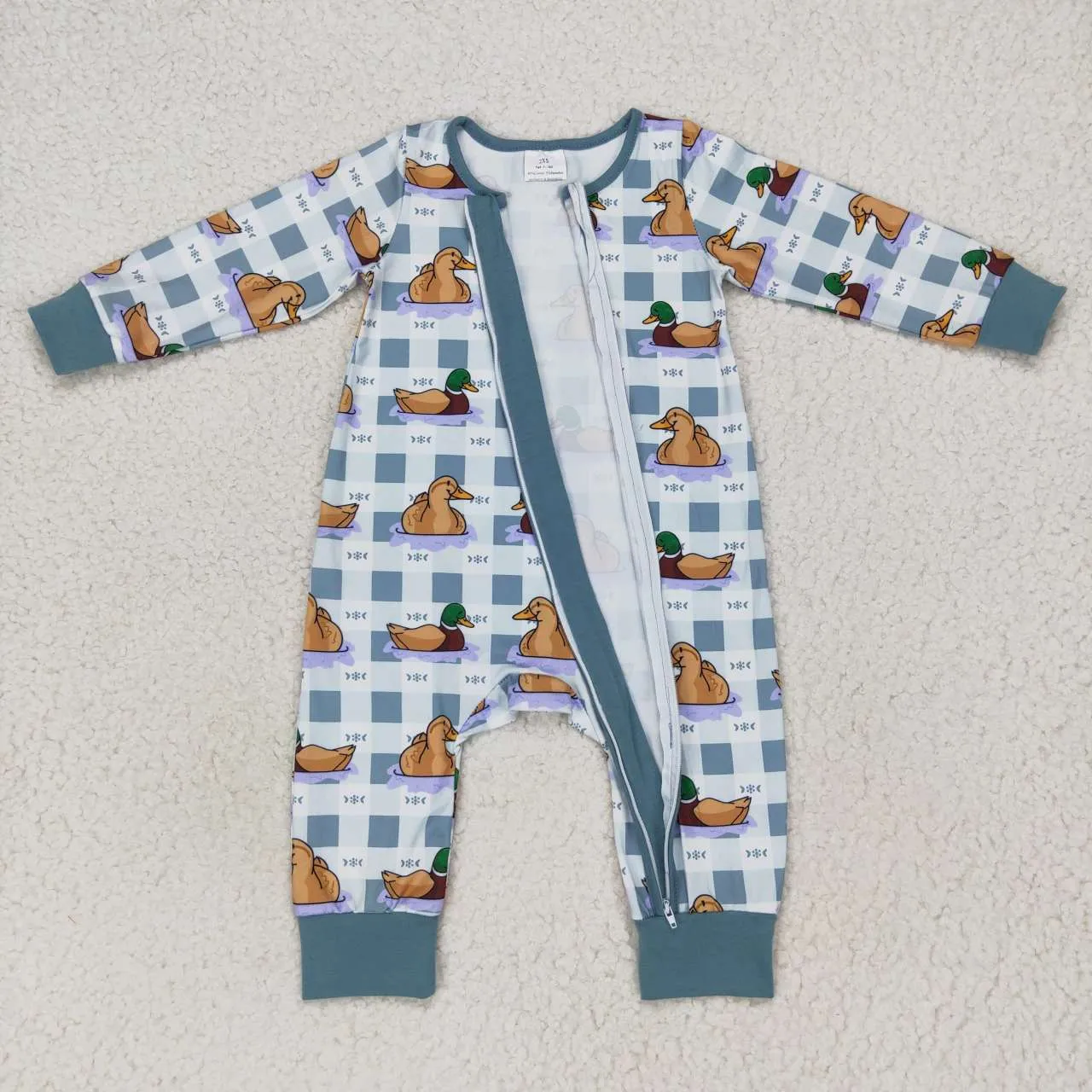 LR0657 baby  blue cartoon duck print zipper onesie