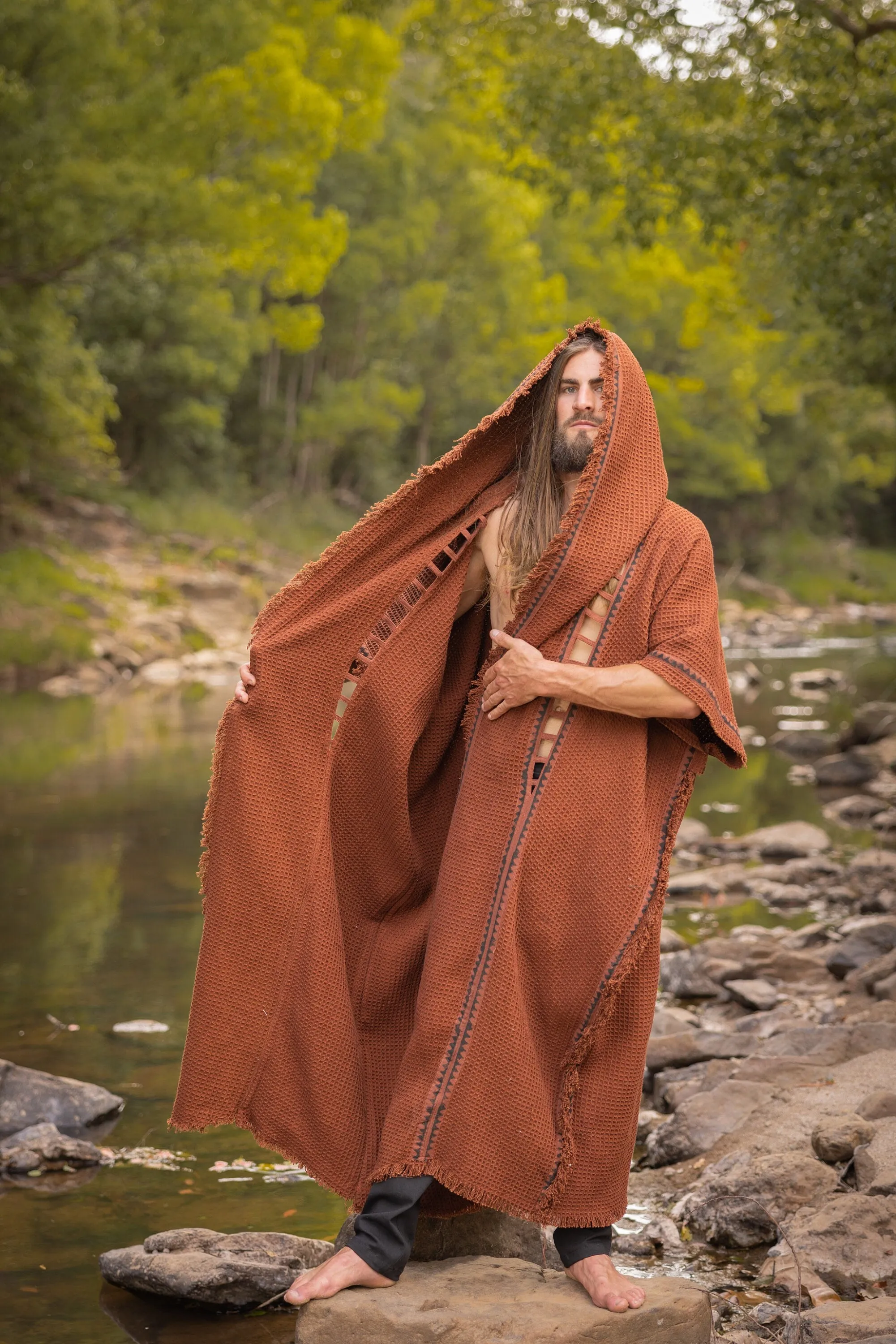 MAGOS WIZARD Long Rustic Orange Mens Hooded Kimono Vest Tribal Ritual Ceremony Gypsy Festival Magic Ritual Primitive Rave Boho Earthy AJJAYA