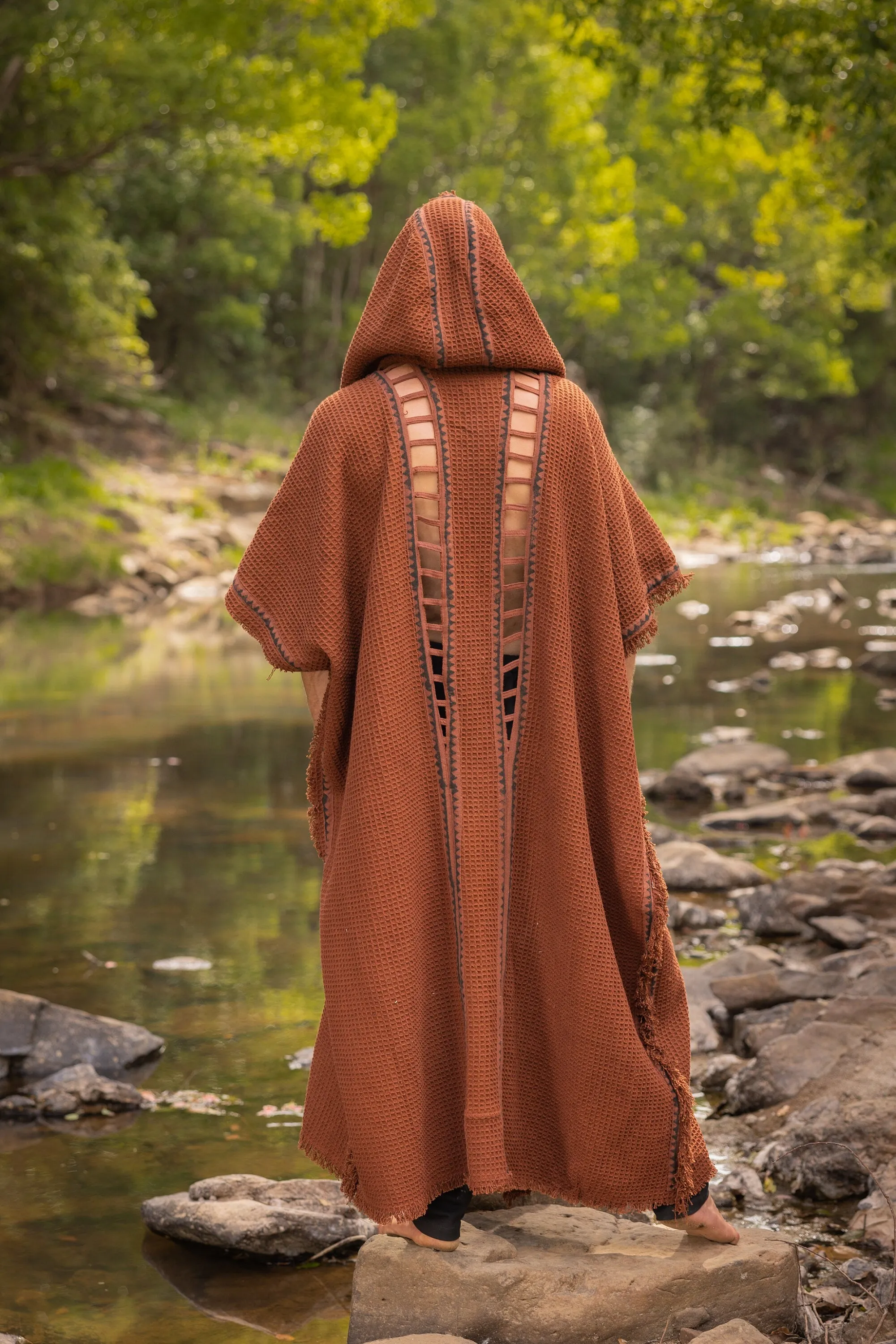 MAGOS WIZARD Long Rustic Orange Mens Hooded Kimono Vest Tribal Ritual Ceremony Gypsy Festival Magic Ritual Primitive Rave Boho Earthy AJJAYA