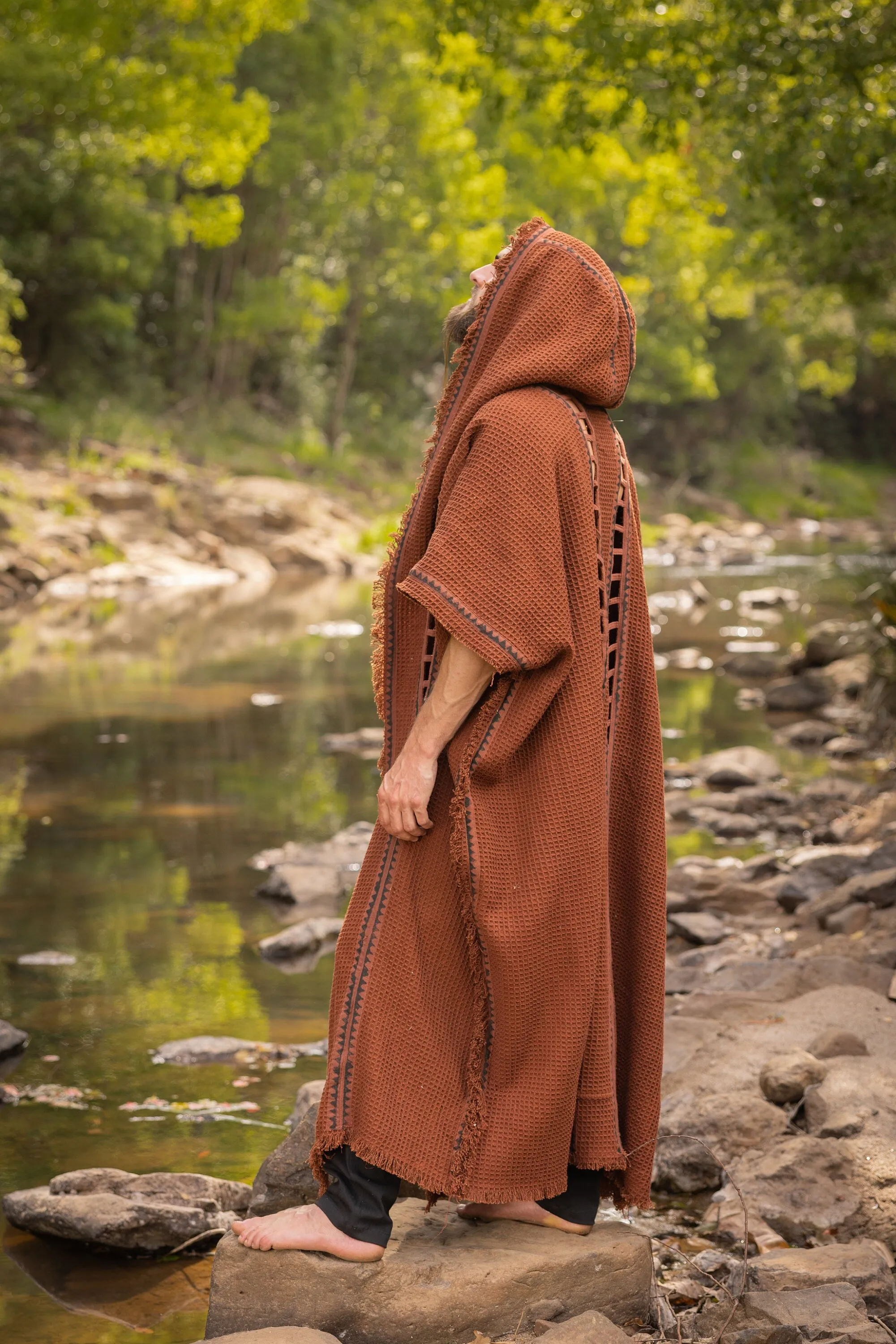 MAGOS WIZARD Long Rustic Orange Mens Hooded Kimono Vest Tribal Ritual Ceremony Gypsy Festival Magic Ritual Primitive Rave Boho Earthy AJJAYA