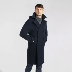 Men's Dark Blue Fleece Long Peacoat