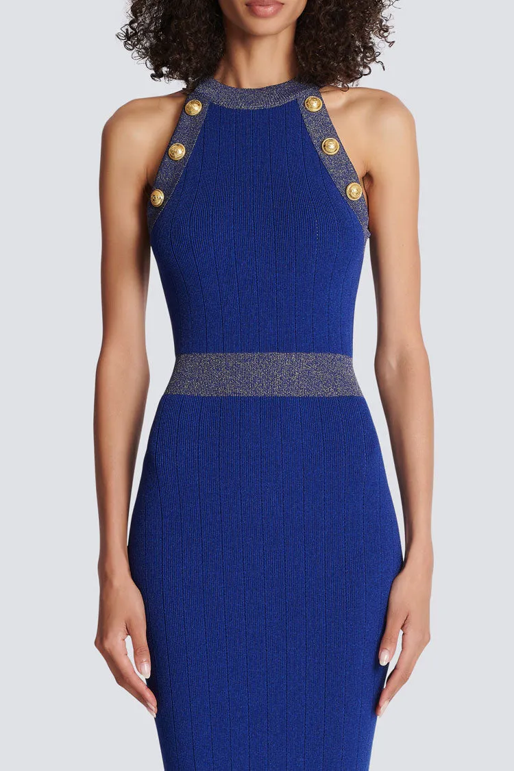 Military Metal Button Trim Sleeveless Sweater Midi Dress - Royal Blue