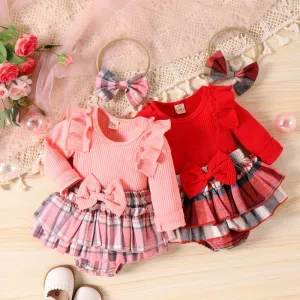 Newborn Baby Girls Sets Long Sleeve Crew Neck Romper Plaid Shorts Bow Headband Fall Sweet Outfit Set - BTGO8376