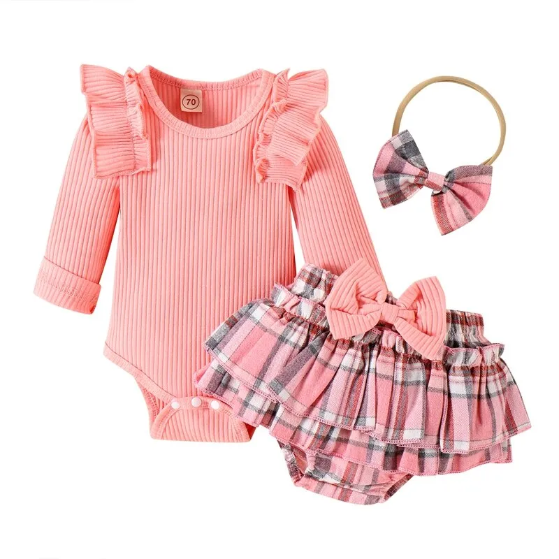 Newborn Baby Girls Sets Long Sleeve Crew Neck Romper Plaid Shorts Bow Headband Fall Sweet Outfit Set - BTGO8376