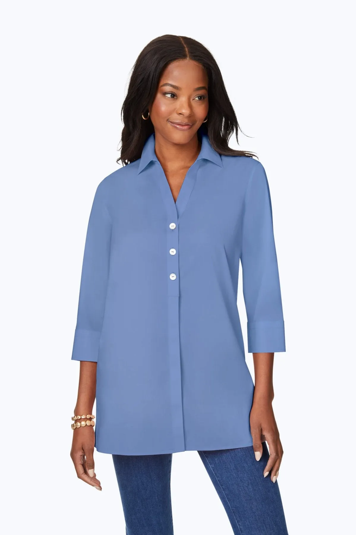 Pamela Stretch No Iron 3/4 Sleeve Tunic, Blue Denim