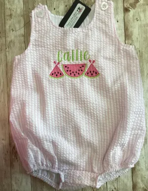 Personalized Name Baby Girls Toddler Watermelon  Summer Vacation  Seersucker Sun Bubble Romper