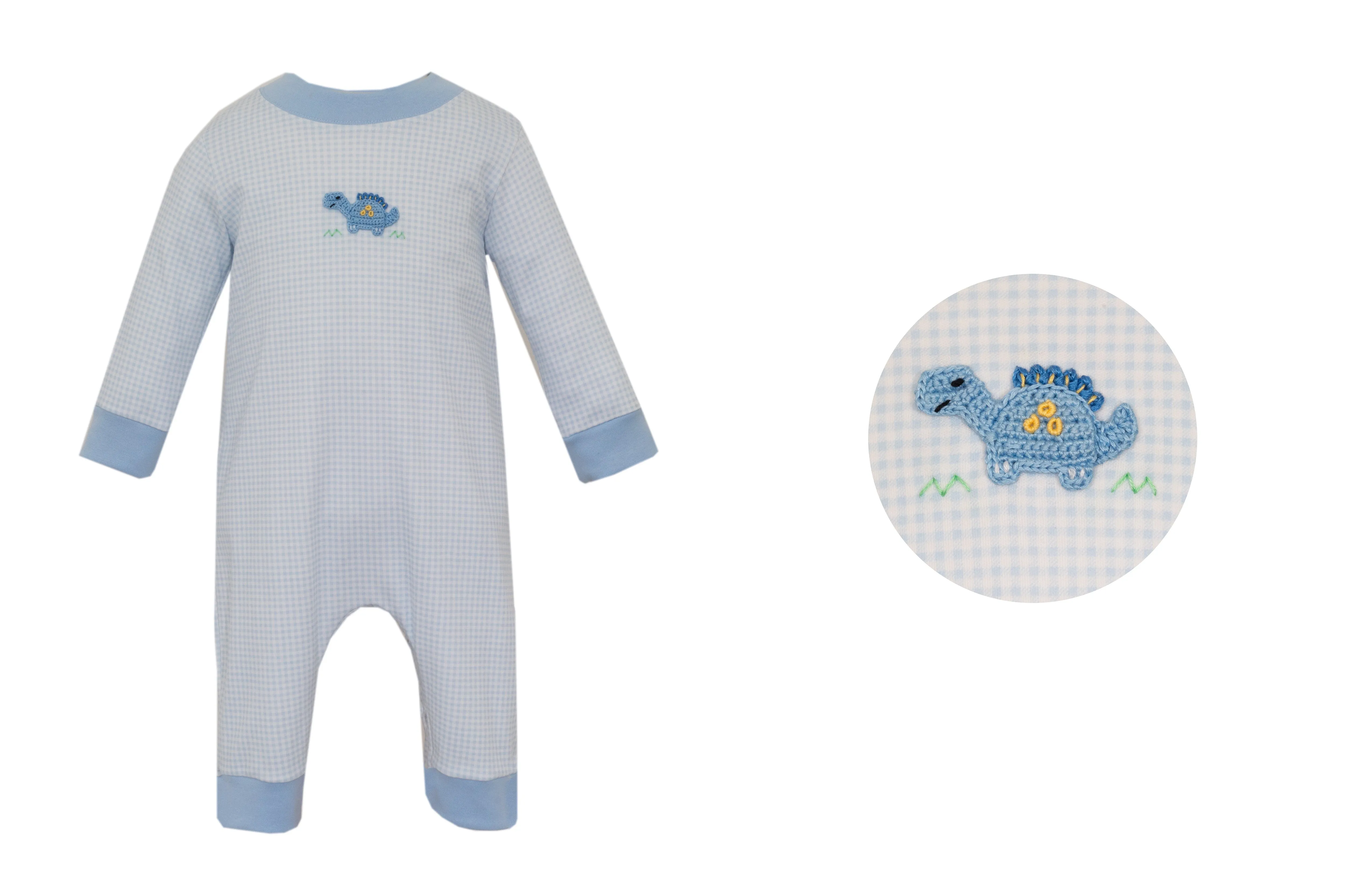 Petit Bebe Dinosaur Blue Gingham Boy's Long Romper L/S 476H-MF24 5108