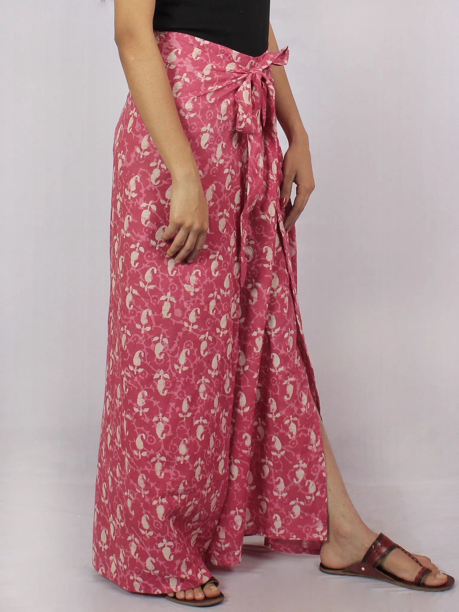 Pink Ivory Hand Block Dabu Printed Free Size Tie Up Wrap Around Trousers - T0317044