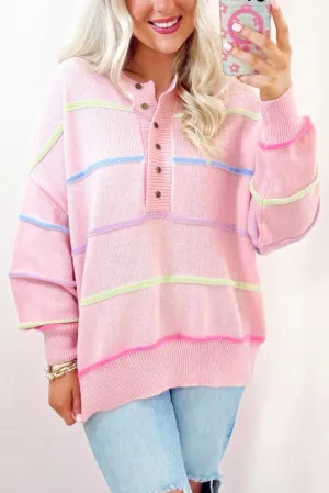 Pink Rainbow Stripes Baggy Henley Sweater