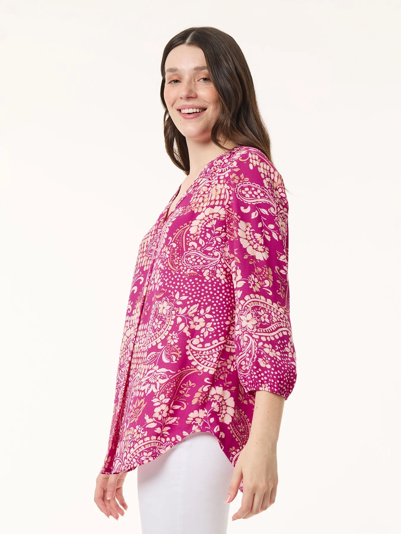 Printed V-Neck Pleated Kelly Blouse, Crepe De Chine