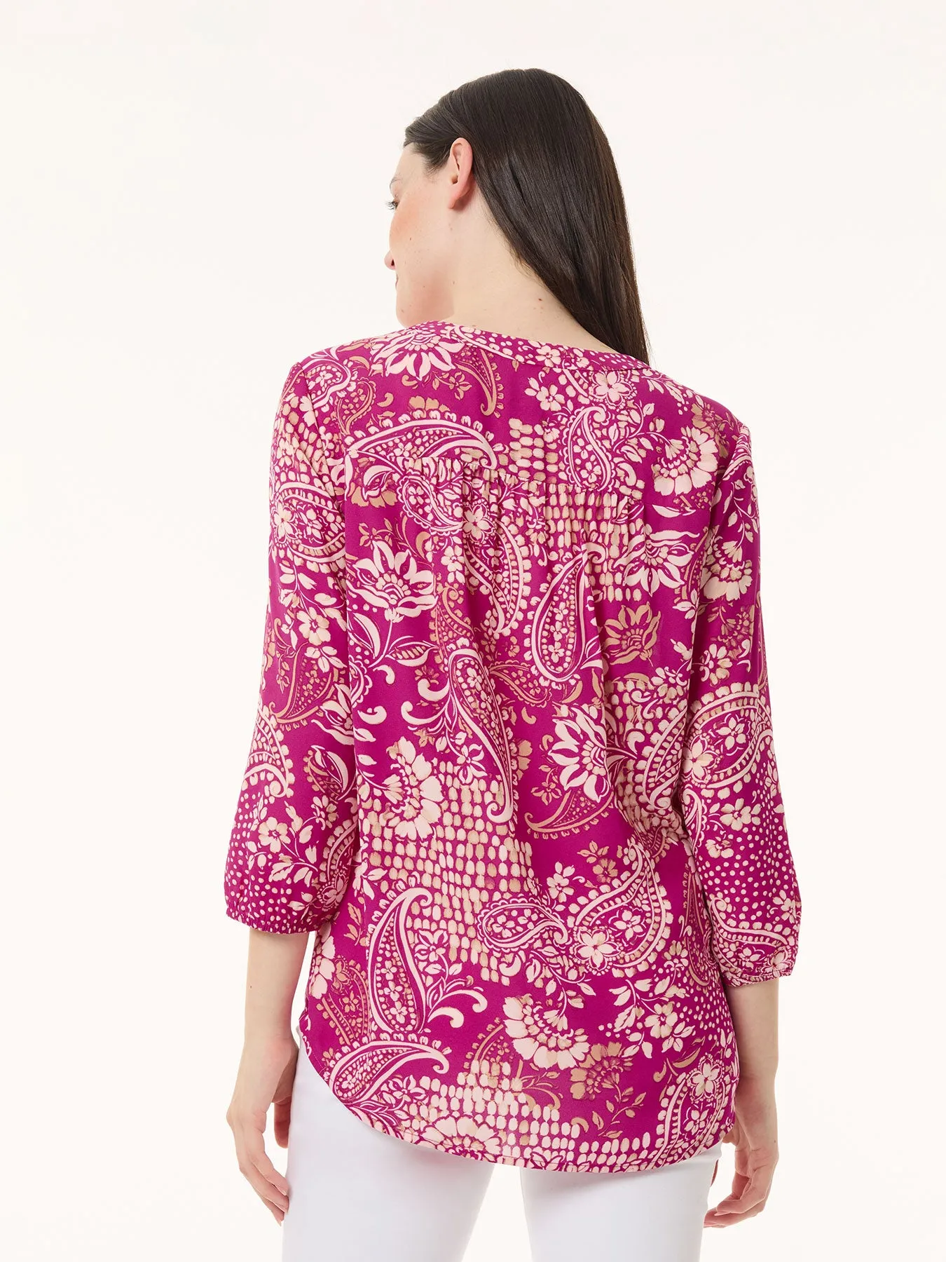 Printed V-Neck Pleated Kelly Blouse, Crepe De Chine