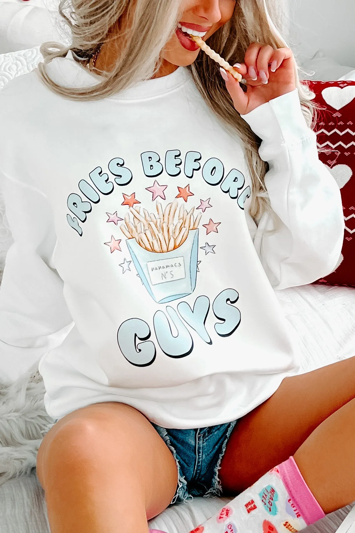 "Fries Before Guys" Graphic - Multiple Shirt Options (White) - Print On Demand