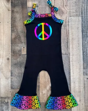 Rainbow Peace Sign Groovy Romper Outfit