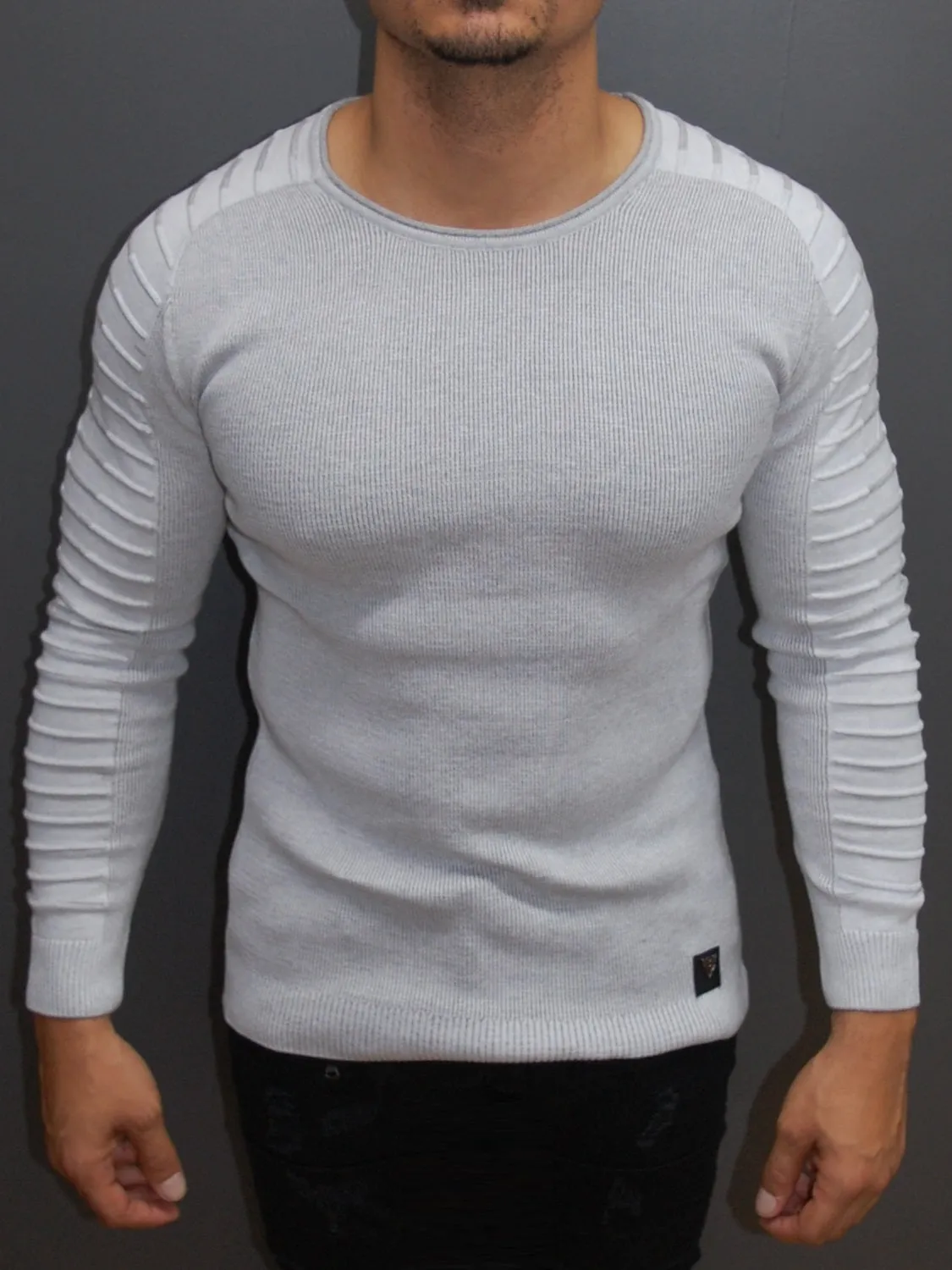 R&R Men Stylish Side Arm Ribbed Crew Neck Sweater - White