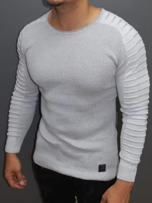 R&R Men Stylish Side Arm Ribbed Crew Neck Sweater - White