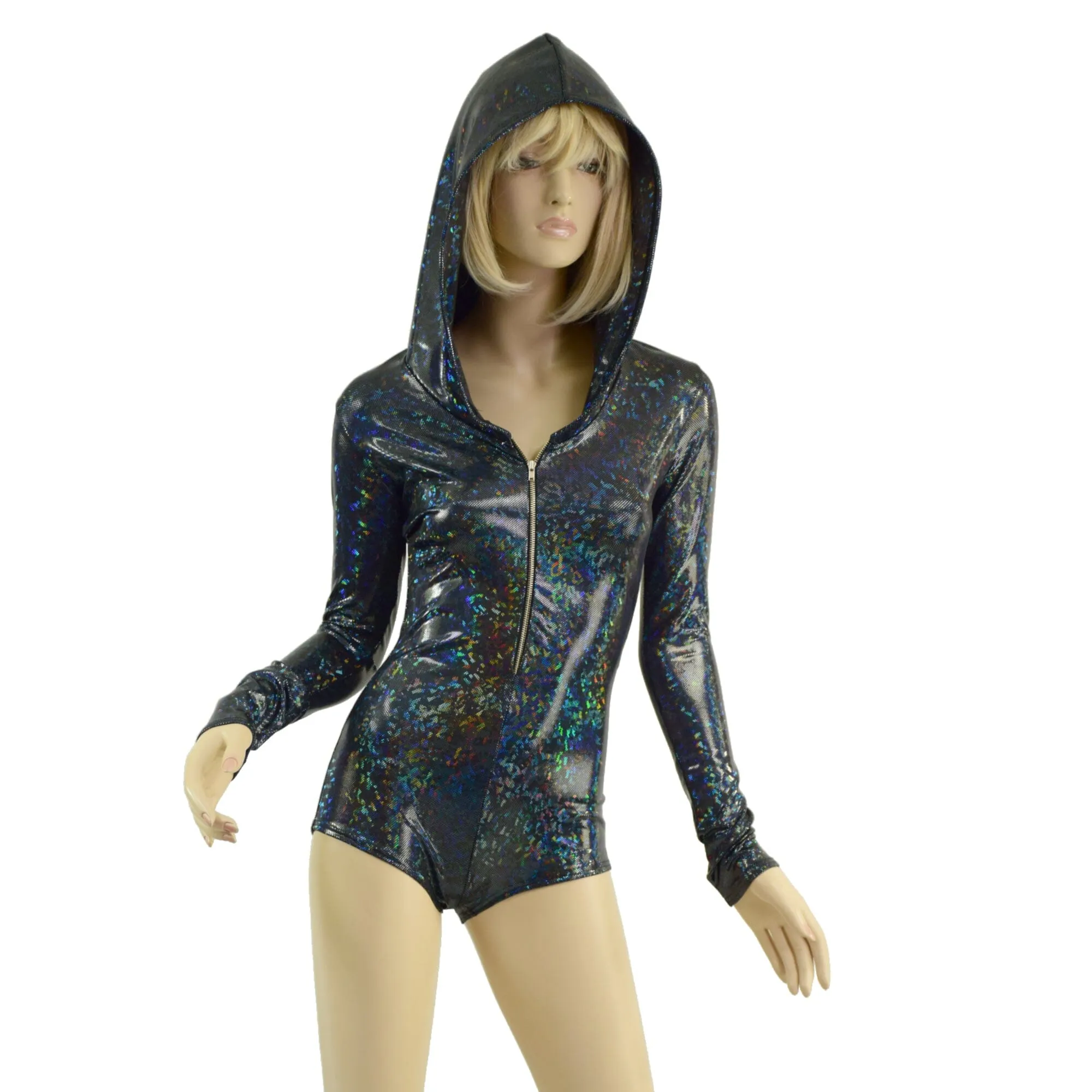 Ready to Ship Black Kaleidoscope Hooded Romper with Silver Front Zipper, Long Sleeves & Boy Cut Leg XS