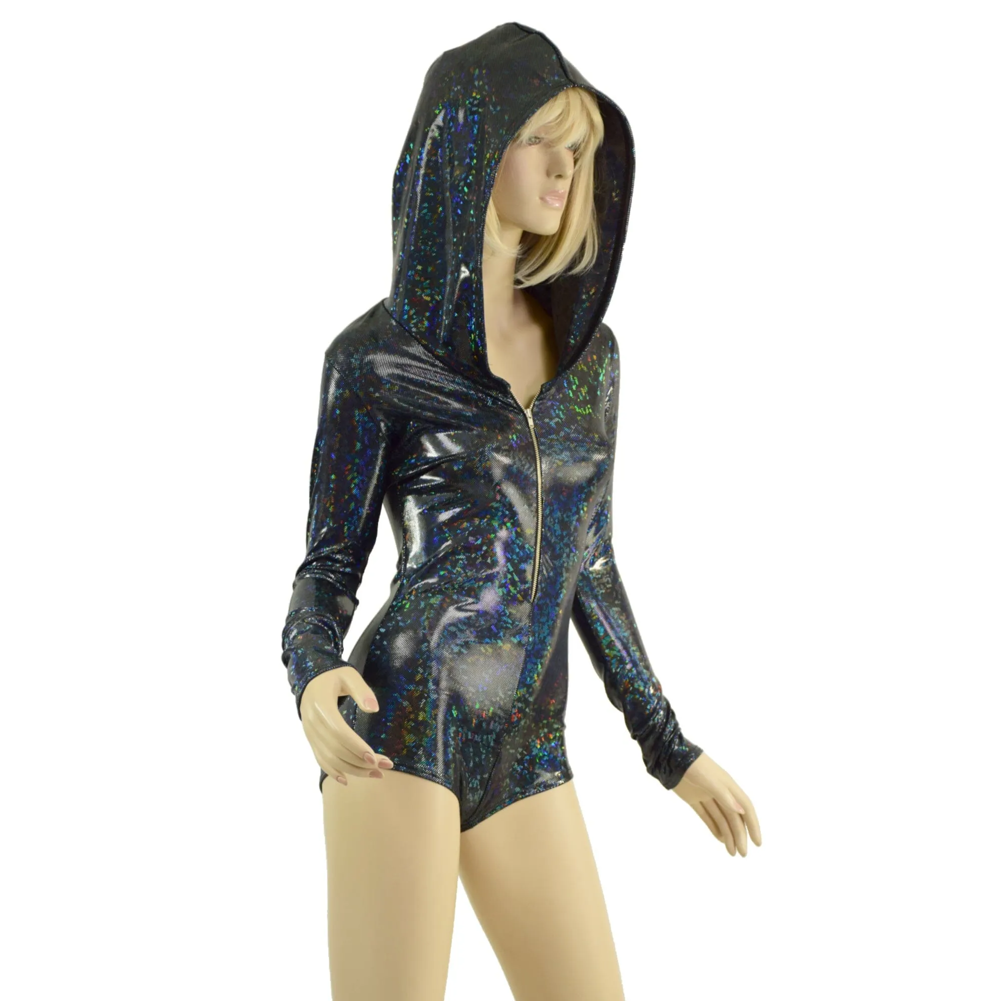 Ready to Ship Black Kaleidoscope Hooded Romper with Silver Front Zipper, Long Sleeves & Boy Cut Leg XS