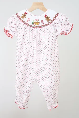 Red gingerbread hand smocked dot romper