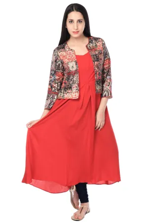 Red Rayon Tunic With Cotton Multicolor Jacket