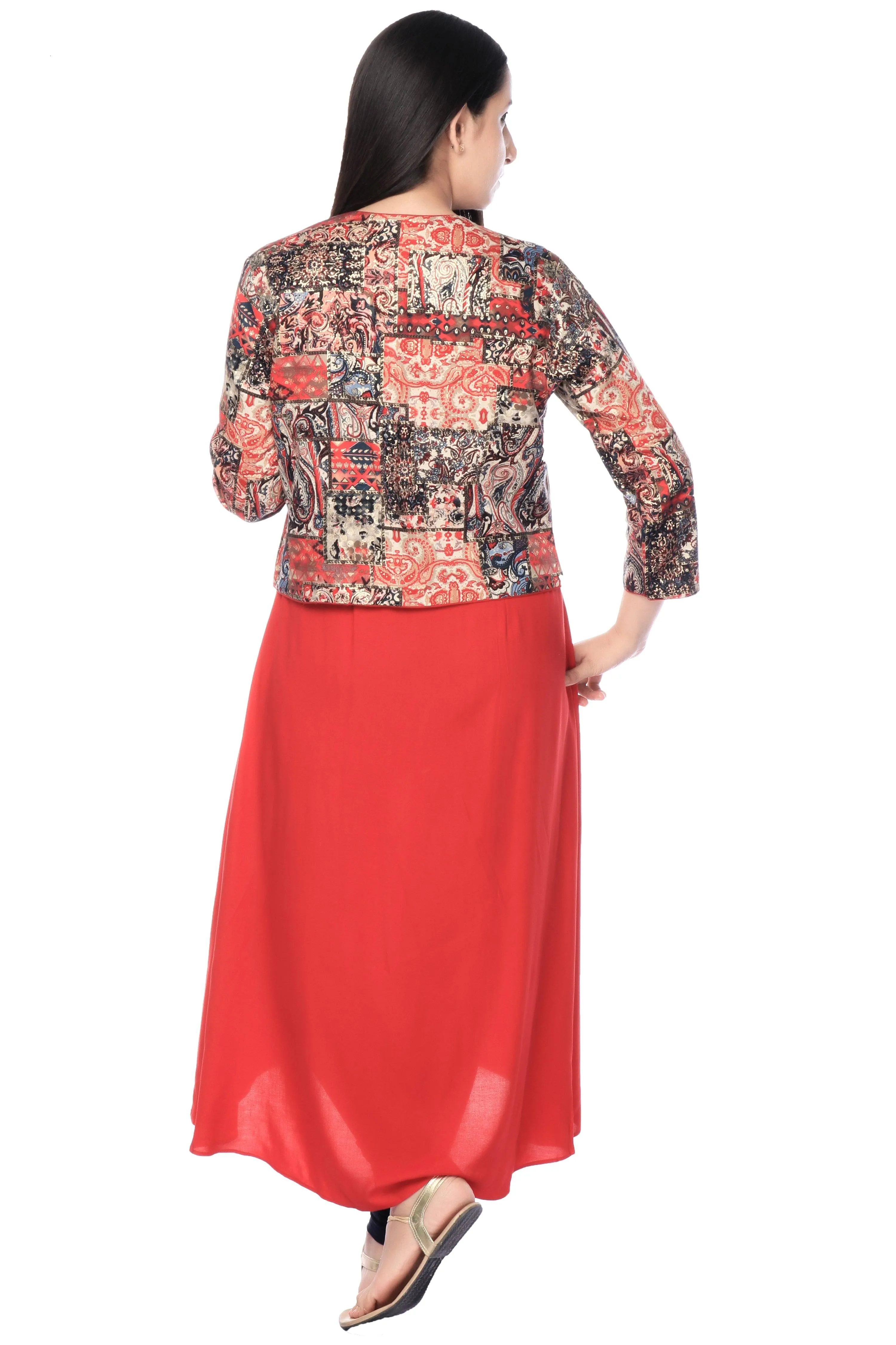 Red Rayon Tunic With Cotton Multicolor Jacket