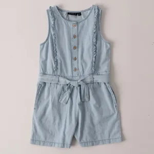 Ruffle Front Denim Romper