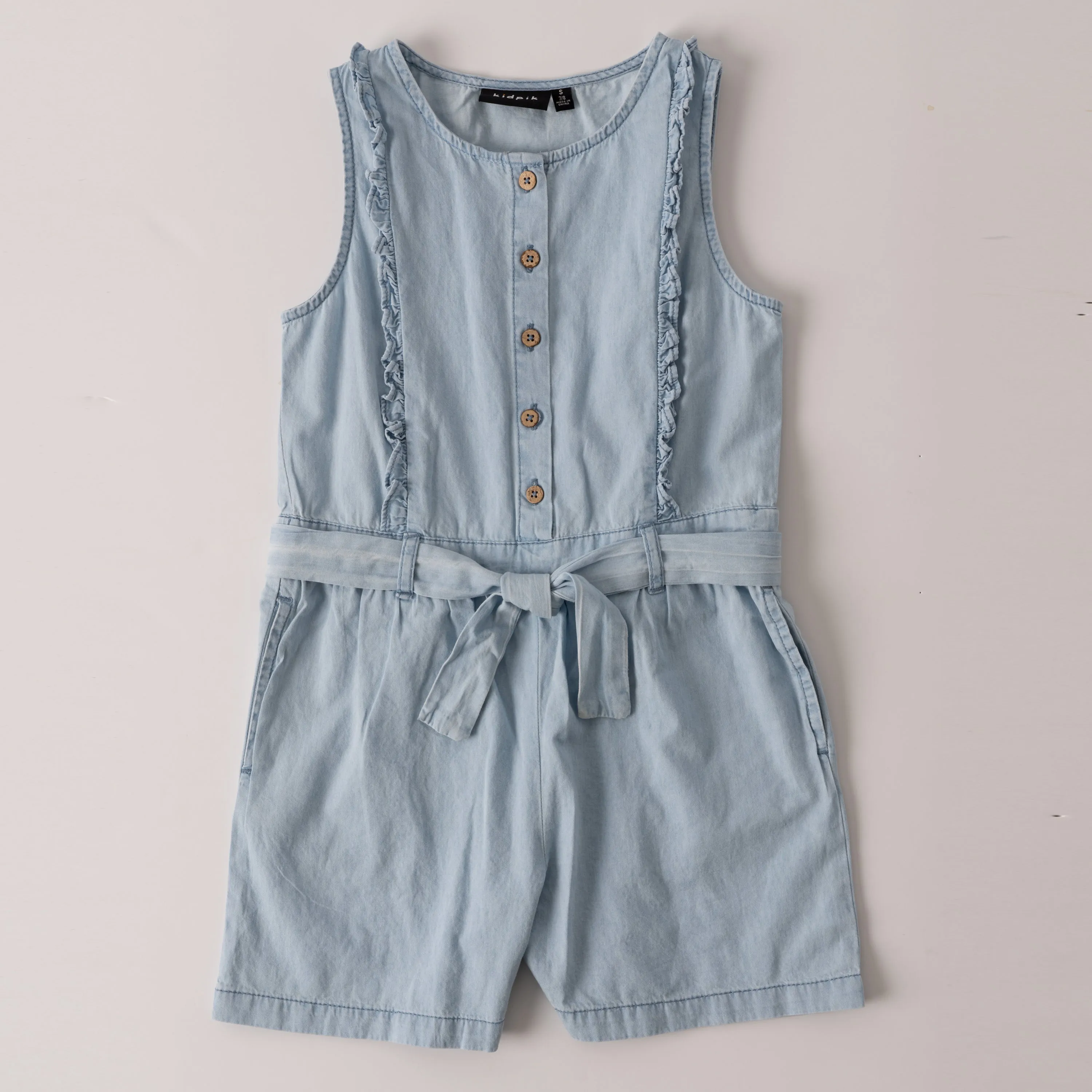 Ruffle Front Denim Romper