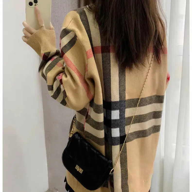 Sweater Women's Autumn Round neck striped fashion Long Sleeve Women High End Jacquard Cardigan knitting Sweaters Coats s-xl