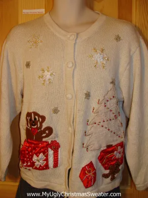 Tacky Cheap Ugly Christmas Sweater Cardigan with Bears and Bead Bling Accents (f533)