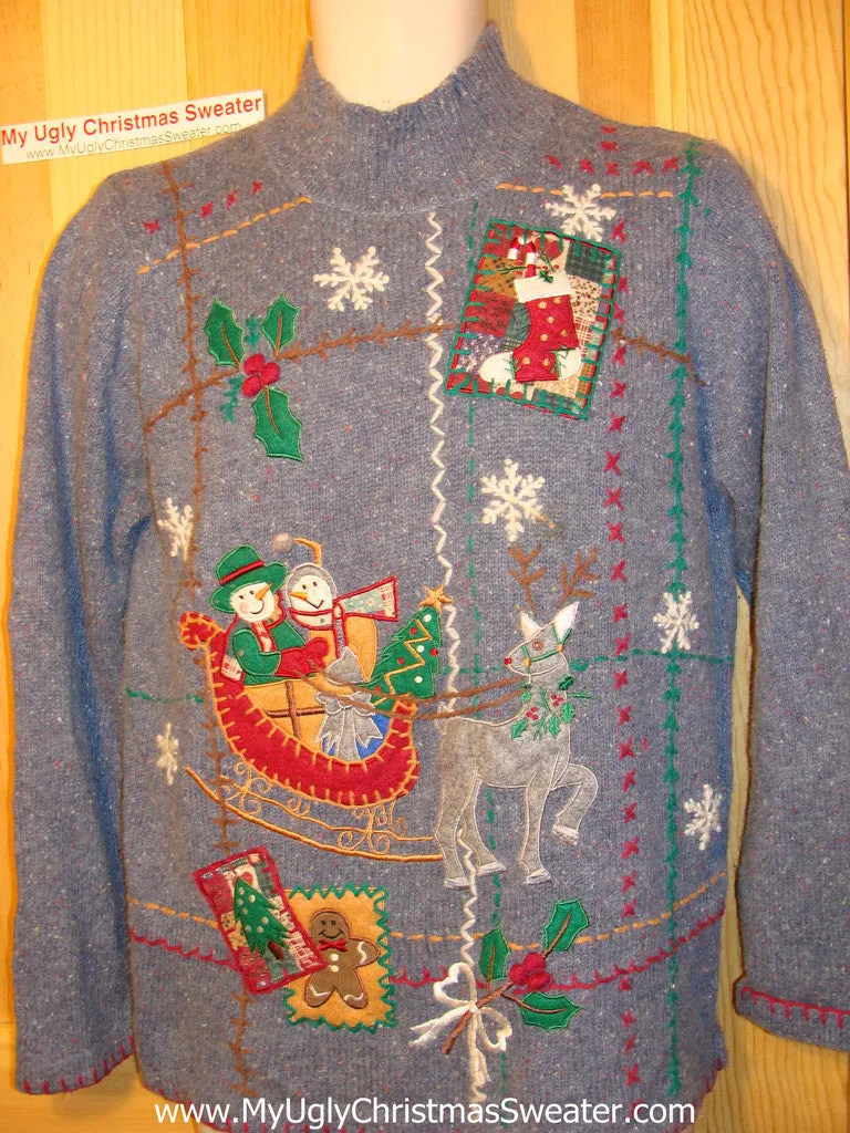 Tacky Ugly Christmas Sweater with a Snowman Sleigh and a Reindeer (f134)