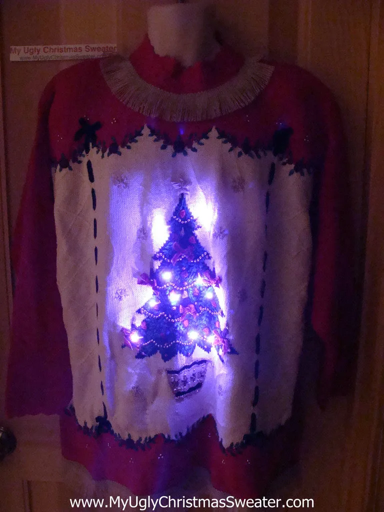 Tacky Ugly Christmas Sweater with Lights and Fringe. 80s Style with Padded Shoulders and Giant Tree. (g33)