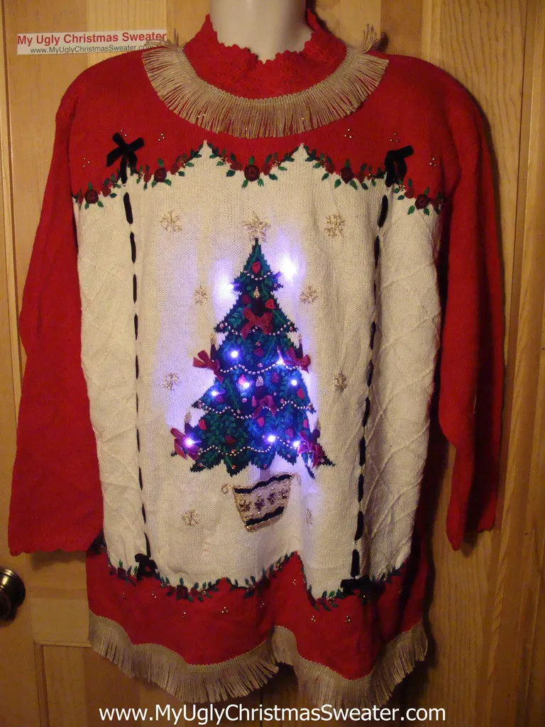 Tacky Ugly Christmas Sweater with Lights and Fringe. 80s Style with Padded Shoulders and Giant Tree. (g33)