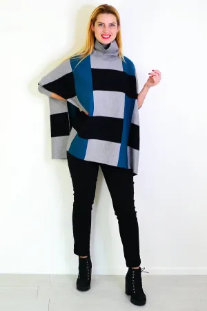 Teal Black Free Size Cardigan Poncho