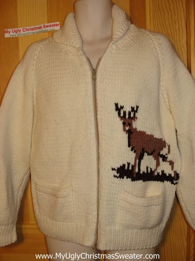 Ugly Christmas Sweater Party Vintage Cowichan Style Reindeer Sweater with Reindeer on Front & Back (v15)