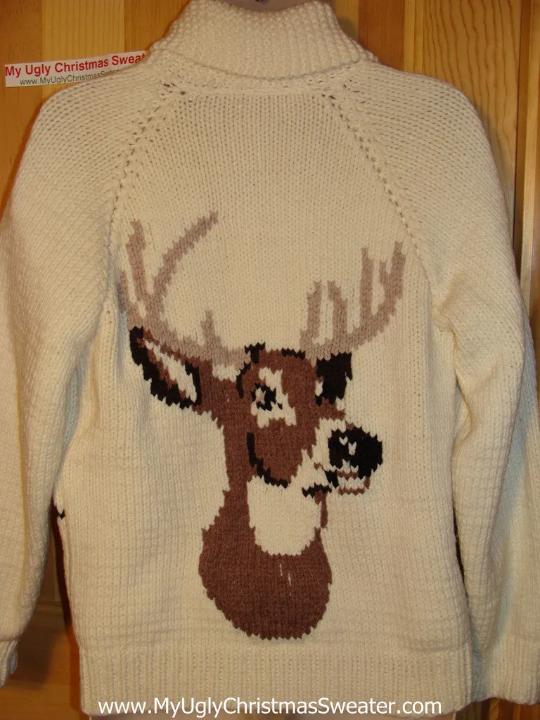 Ugly Christmas Sweater Party Vintage Cowichan Style Reindeer Sweater with Reindeer on Front & Back (v15)