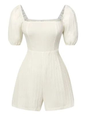 White 1960s Solid Puff Square Neck Romper