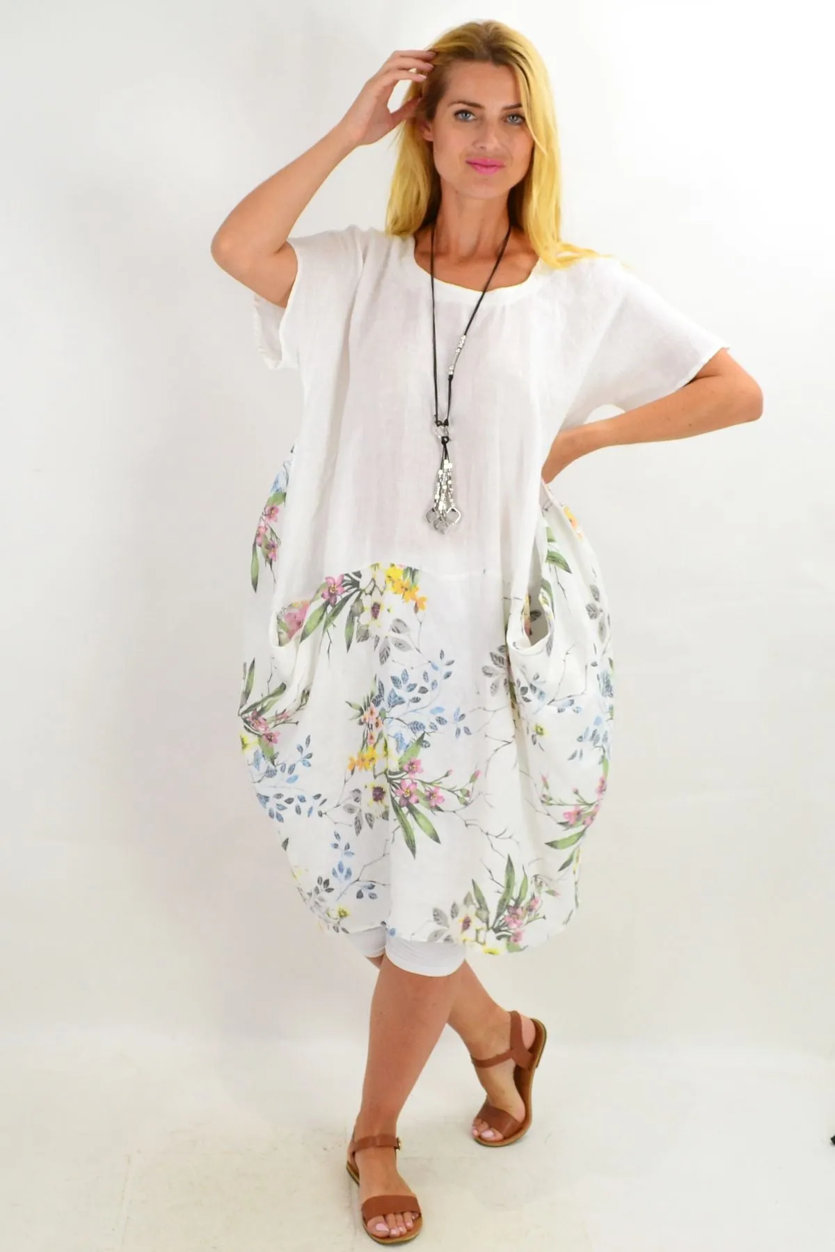 White Native Flower Sleeve Linen Tunic Dress